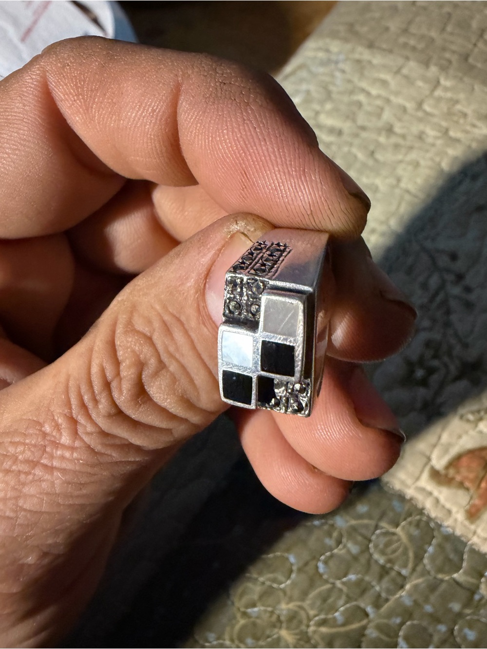 Sterling Silver Checkerboard Statement Ring with Black & White Inlay